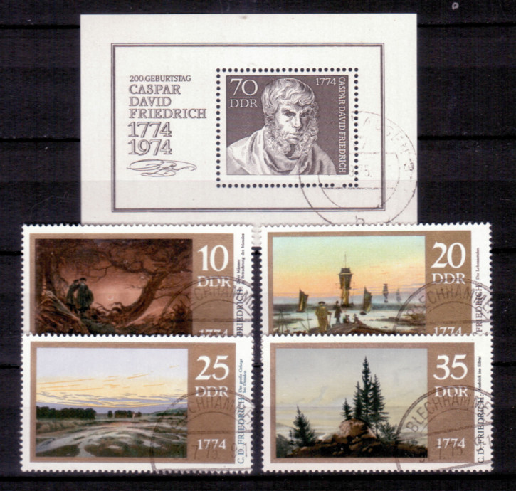 Briefmarken: DDR 1974, Mi. Nr. 1958-1961 + Block 40, 200. Geburtstag von Caspar David Friedrich. Gestempelt