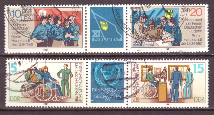 Briefmarken: DDR 1981, Mi. Nr. WZd494, WZd500 (2609-2610 und 2621-2622), FDJ, Behindertenjahr, Gestempelt