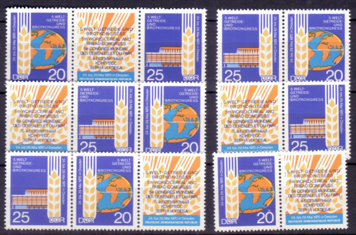 Briefmarken: DDR 1970, Mi.Nr. 1575-1576, 6 Kombis WZd221-WZd226 komplett, Welt-Getreide-Kongress, Postfrisch