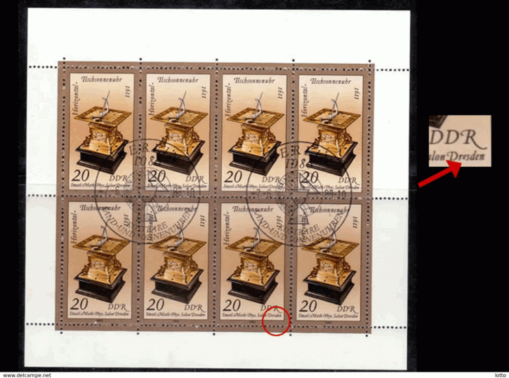 Briefmarken DDR 1983, Mi.Nr. 2798 Klb I, Plattenfehler I, Feld 7 (Klb.), Kleinbogen, Kostbare Sand- und Sonnenuhren, Gestempelt
