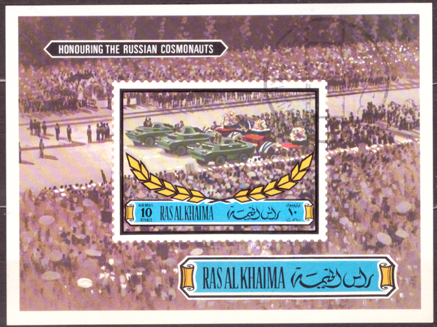 Briefmarken Ras al Khaima 1971, Mi.Nr. Block 98, Verunglückte russische Kosmonauten. Gestempelt mit Gummierung