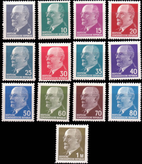 Briefmarken: DDR 1961/63-64/67/70-71, Mi.Nr. 845-848, 934-938, 1080, 1331, 1540, 1689, Dauerserie Walter Ulbricht Kleinformat (I-VI), Postfrisch komplett