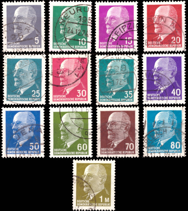 Briefmarken: DDR 1961/63-64/67/70-71, Mi.Nr. 845-848, 934-938, 1080, 1331, 1540, 1689, Dauerserie Walter Ulbricht Kleinformat (I-VI), Gestempelt komplett