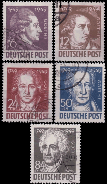 Briefmarken SBZ 1949, Mi.Nr. 234-238, Johann Wolfgang von Goethe. Gespempelt