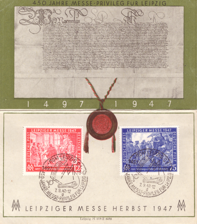 Briefmarken Alliierte Besetzung (Gemeinschaftsausgabe) 1947, Mi.Nr. 965-966_gedenkblatt, Leipziger Herbstmesse., Gedenkblatt Sonderstempel Gestempelt
