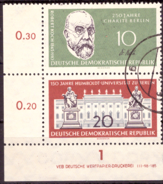 Briefmarken DDR 1960, Mi.Nr. 796/797 (S Zd 13 DV) mit Druckvermerk, Charité und Humboldt-Universität, Gestempelt