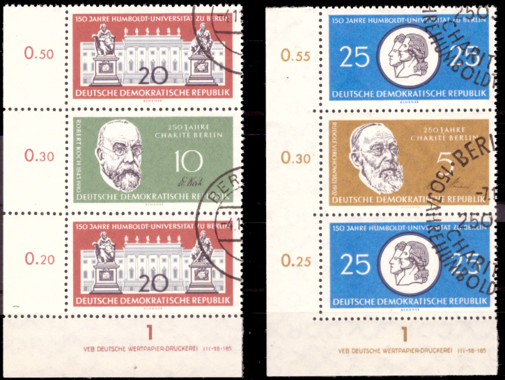 Briefmarken DDR 1960, Mi.Nr. 798/795/798 (S Zd 17DV) und 797/796/797 (S Zd 19 DV) mit Druckvermerk, Charité und Humboldt-Universität, Gestempelt