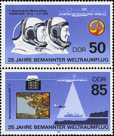 Briefmarken DDR 1986, Mi.Nr. 3006, 3008 (S Zd 318), 25 Jahre bemannter Weltraumflug, Postfrisch