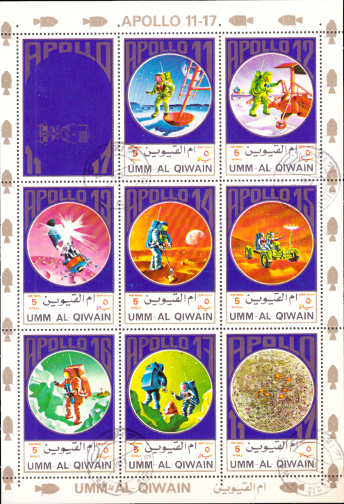 Briefmarken Umm al-Kaiwain 1972, Mi.Nr. 922-929 Kleinbogen A, Apollo 11–17. Gestempelt mit Gummierung
