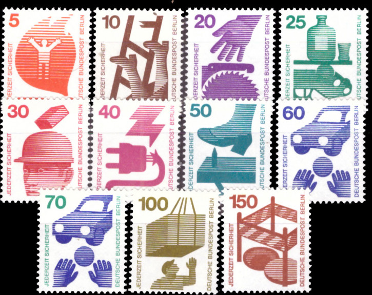 Briefmarken Berlin 1971-1973, Mi.Nr. 402-411, 453, Freimarken: Unfallverhütung (I-II). Postfrisch