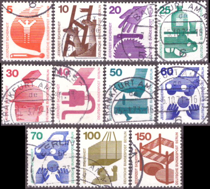 Briefmarken Berlin 1971-1973, Mi.Nr. 402-411, 453, Freimarken: Unfallverhütung (I-II). Gestempelt