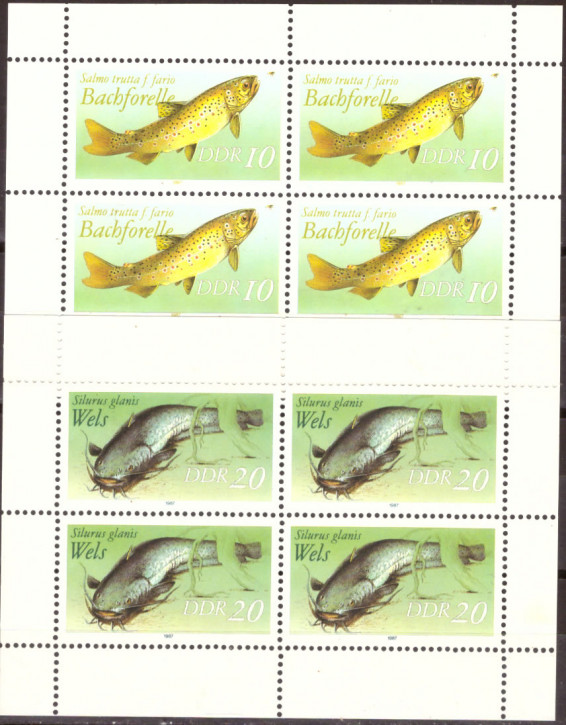 Briefmarken DDR 1987, Mi.Nr. 3096I - 3097I 2x Kleinbogen, Süßwasserfische. Postfrisch