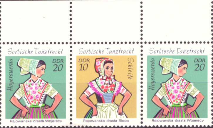 Briefmarken: DDR 1971, Mi.Nr. 1724/1723/1724 (W 11), Sorbische Mädchen-Tanztrachten (II). Postfrisch