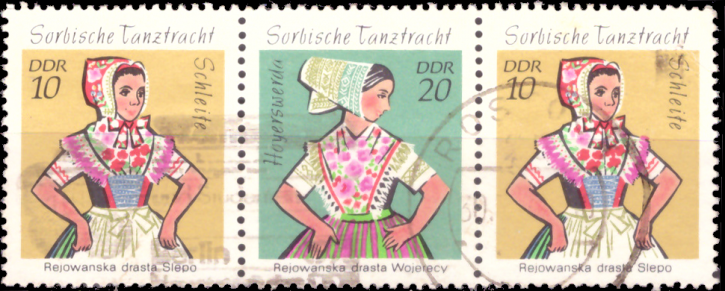 Briefmarken: DDR 1971, Mi.Nr. 1723/1724/1723 (W 9), Sorbische Mädchen-Tanztrachten (II). Gestempelt