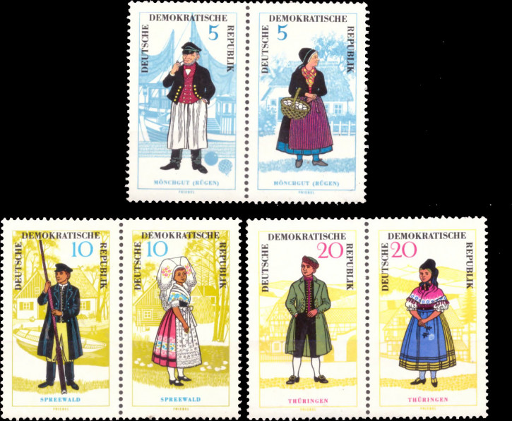 Briefmarken: DDR 1964 Mi.Nr. 1074-1079 (Paare WZd145, WZd147, WZd149), Trachten, Postfrisch