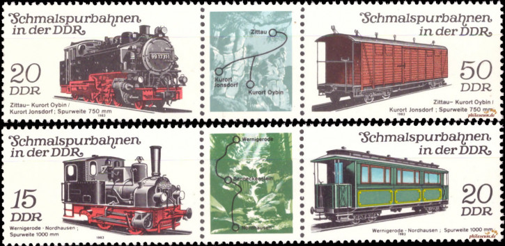 Briefmarken: DDR 1983 Mi.Nr. 2792-2795 Dreierstreifen (WZd557,WZd563), Schmalspurbahnen (III), Postfrisch