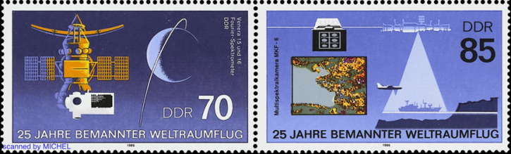 Briefmarken DDR 1986, Mi.Nr. 3007-3008 (WZd 672), 25 Jahre bemannter Weltraumflug, Postfrisch