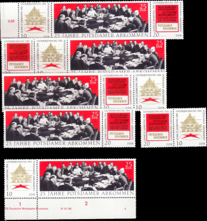 Briefmarken: DDR 1970, Mi.Nr. 1598-1600 (6 Kombis WZd234-WZd239), Potsdamer Abkommen, Postfrisch