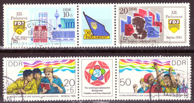 DDR 1985, Mi.Nr. 2947-2948 (WZD 630) + 2959-2960 (WZD 640), Dreierstreifen. FDJ + Weltfestspiele. Gestempelt