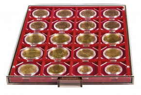 LINDNER Münzbox RAUCHGLAS mit 20 quadratischen Fächern für Münzrähmchen 50x50 mm/Münzkapseln CARRÉE/OCTO Münzkapseln